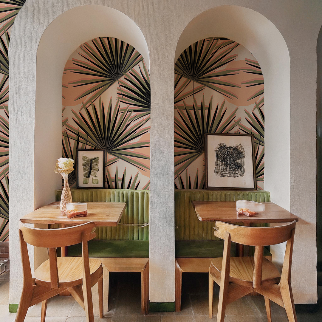 Palm Deco Wallpaper - Coral & Olive Green