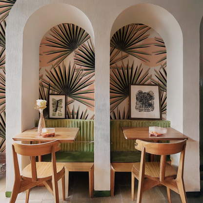 Palm Deco Wallpaper - Coral & Olive Green