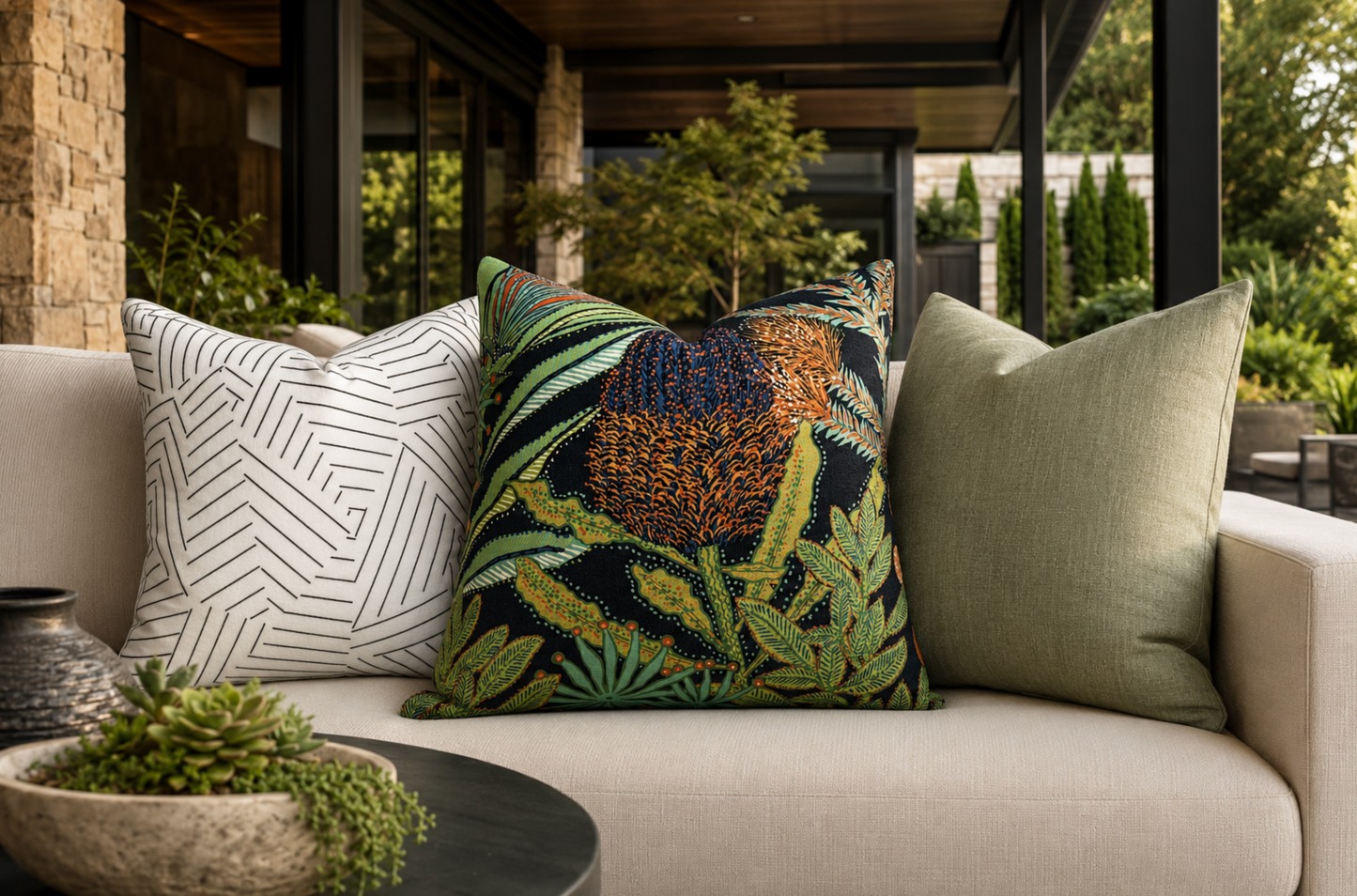 Deconstructed Stripe Pillow in Black, Indoor Outdoor Pillows