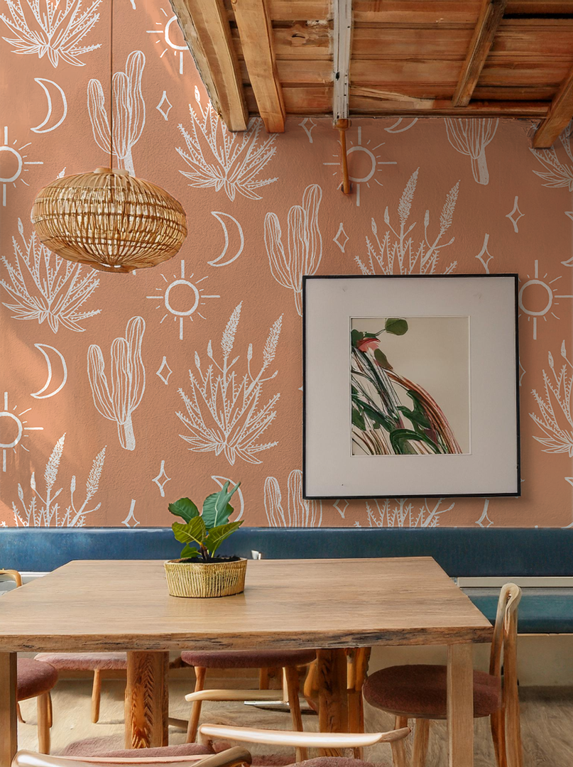 Desert Sky Wallpaper, large pattern, terra cotta and white