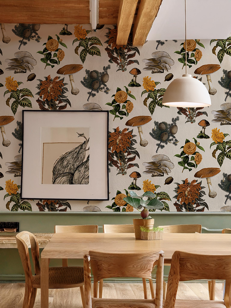Shrooms Wallpaper, off-white and marigold