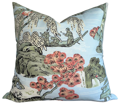 Asian Scenic Pillow in Robins Egg