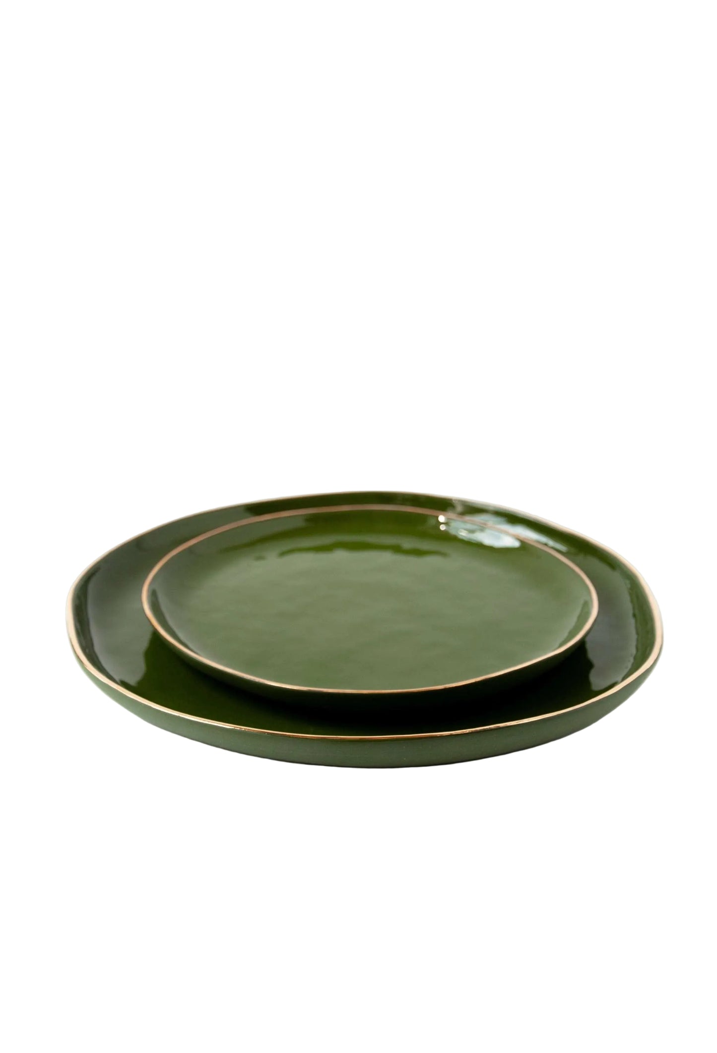 Handmade Porcelain Dinner Plates with Gold Rim - Green