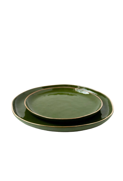 Handmade Porcelain Dinner Plates with Gold Rim - Green