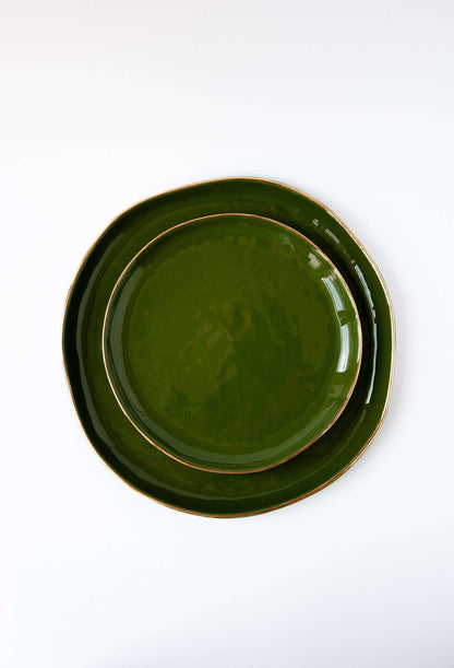 Handmade Porcelain Dinner Plates with Gold Rim - Green