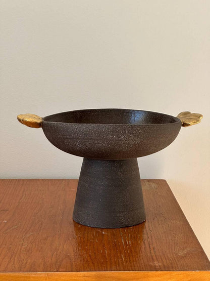 Stoneware Pedestal Fruit Bowl "Pumpernickel" with Gold Leaves