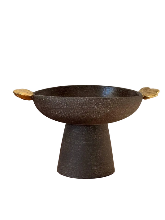 Stoneware Pedestal Fruit Bowl "Pumpernickel" with Gold Leaves