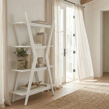 Stratton 66” White Etagere with 4 Open Shelves in Solid Rubberwood - Room Scene
