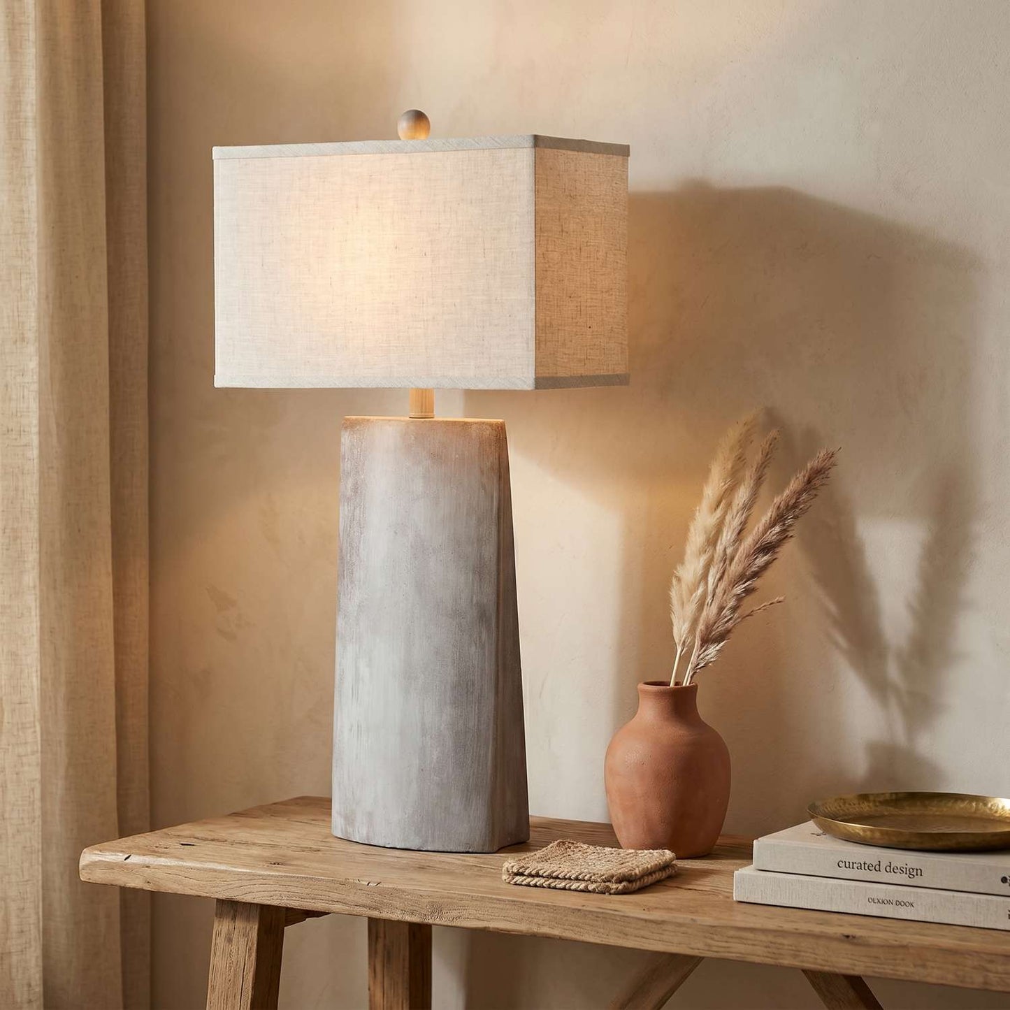 Jonas Modern Cement Table Lamp with Gray Linen Shade - Enhanced