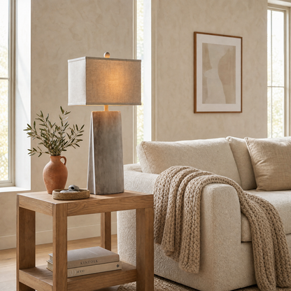 Jonas Modern Cement Table Lamp with Gray Linen Shade - Enhanced