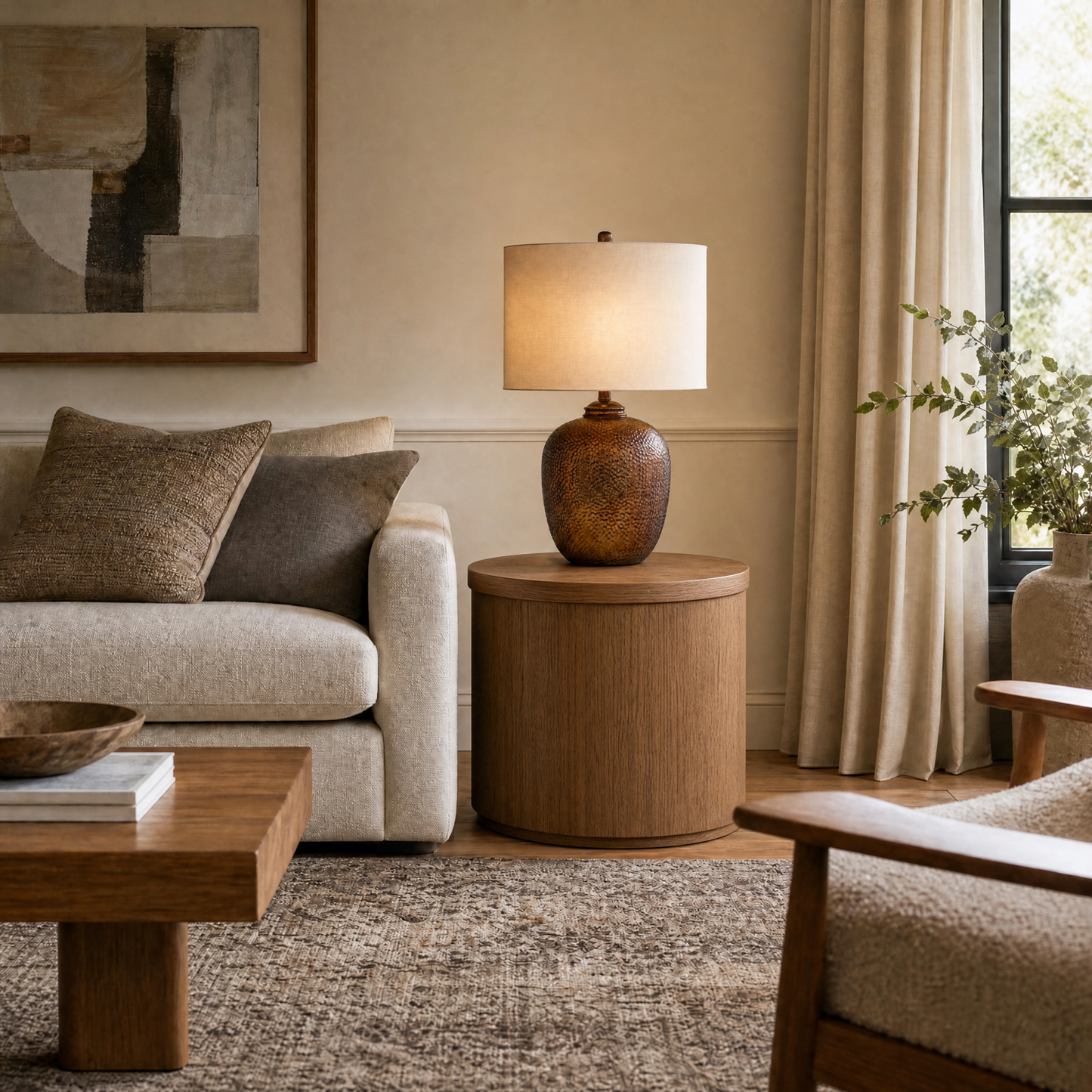 Trevor 27" Table Lamp with Glass Body and White Drum Shade - Enhanced