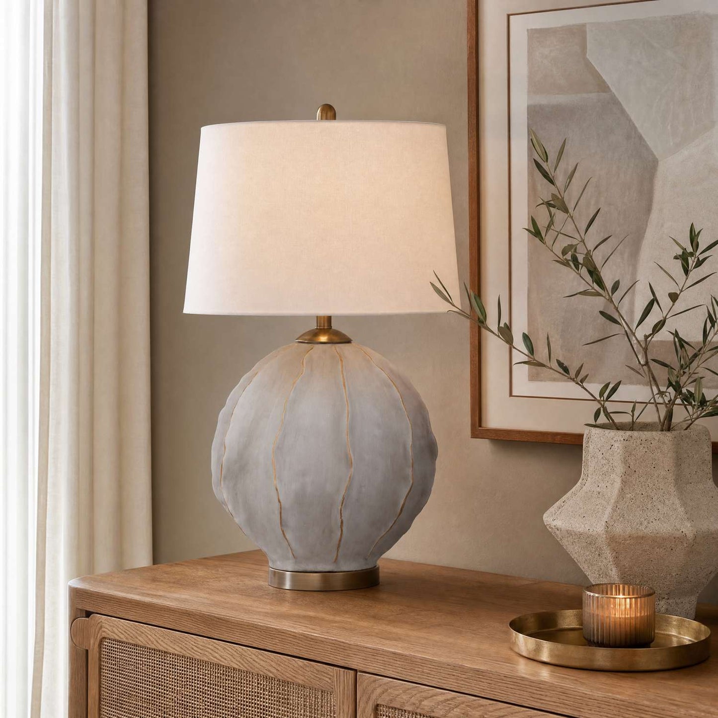 Annapurna 28" Table Lamp with Gray Concrete Style and White Linen Shade - Enhanced