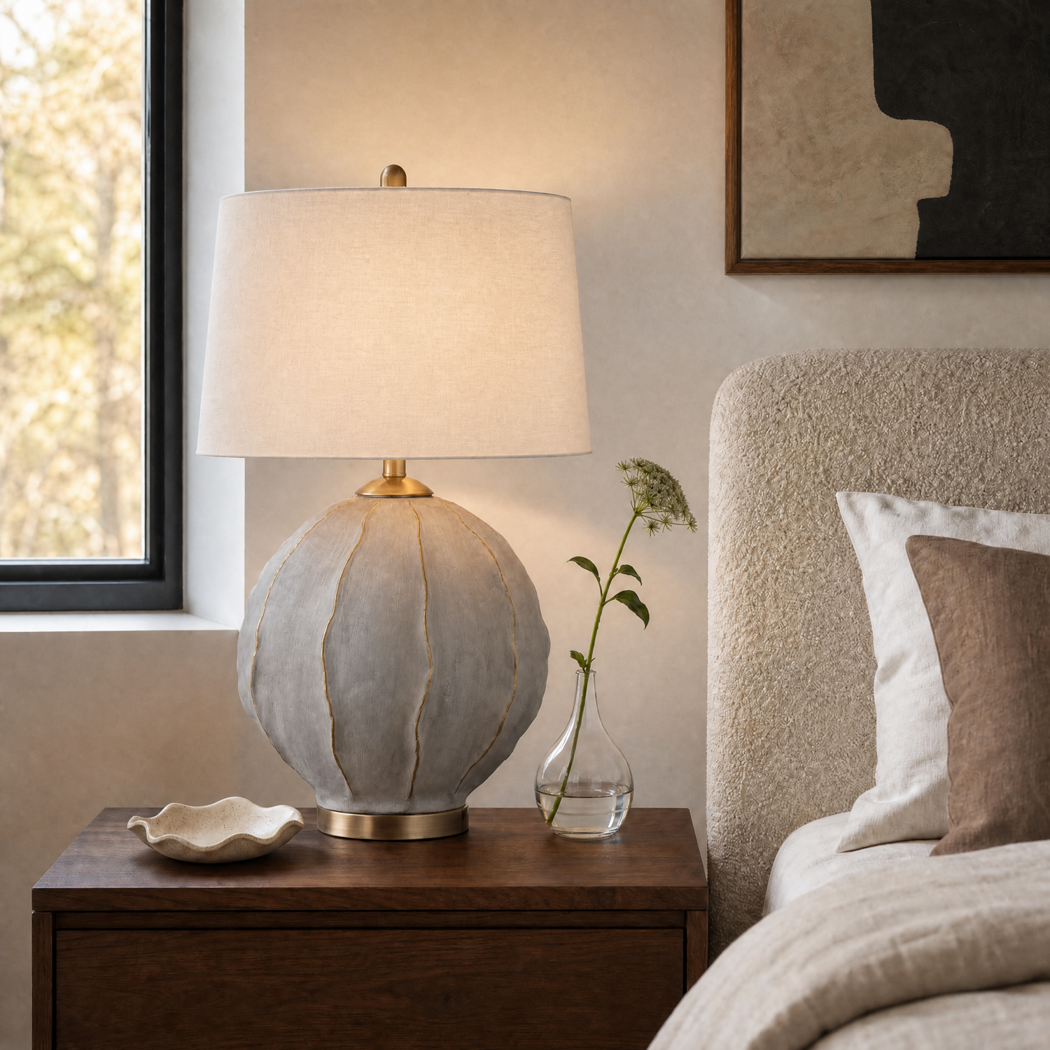 Annapurna 28" Table Lamp with Gray Concrete Style and White Linen Shade - Enhanced