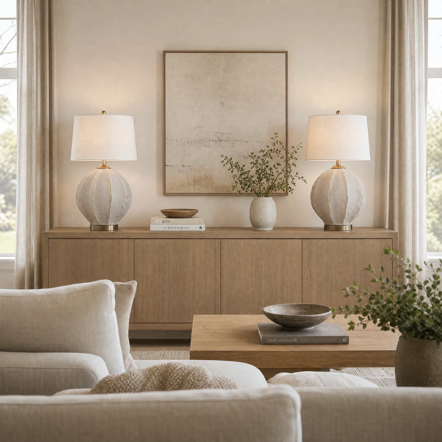 Annapurna 28" Table Lamp with Gray Concrete Style and White Linen Shade - Enhanced