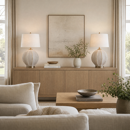 Annapurna 28" Table Lamp with Gray Concrete Style and White Linen Shade - Enhanced