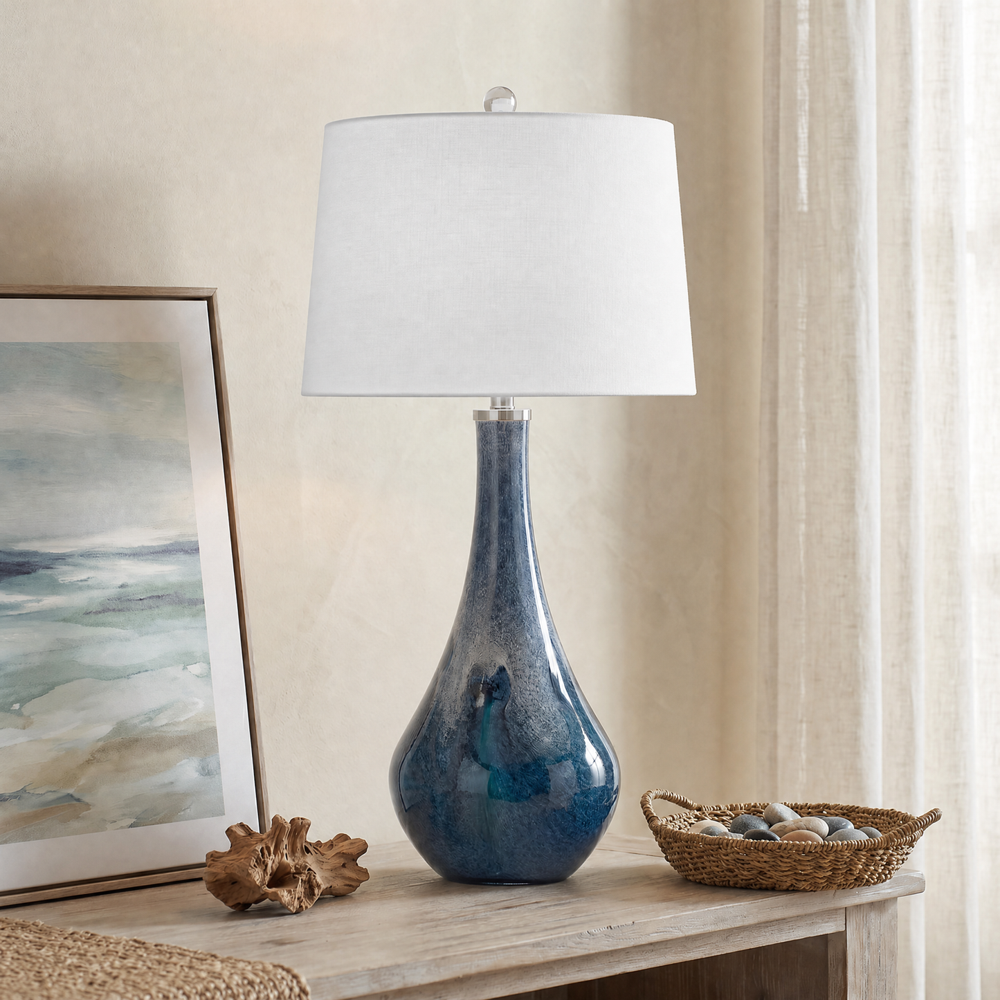 Nanda Table Lamp with Layered Blue Art Glass Base and White Tapered Drum Shade - Enhanced