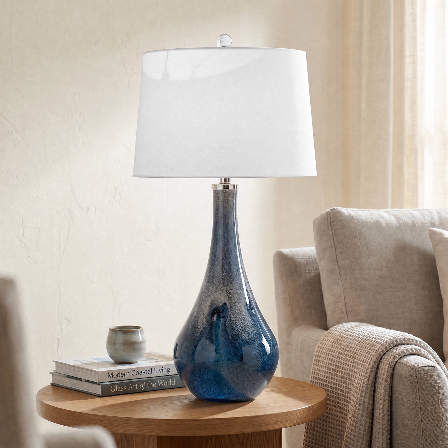 Nanda Table Lamp with Layered Blue Art Glass Base and White Tapered Drum Shade - Enhanced