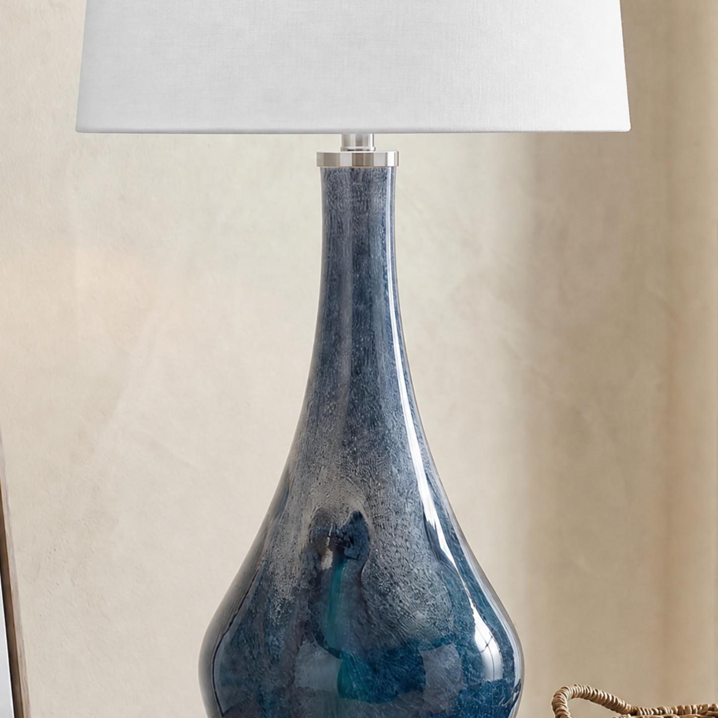 Nanda Table Lamp with Layered Blue Art Glass Base and White Tapered Drum Shade - Enhanced