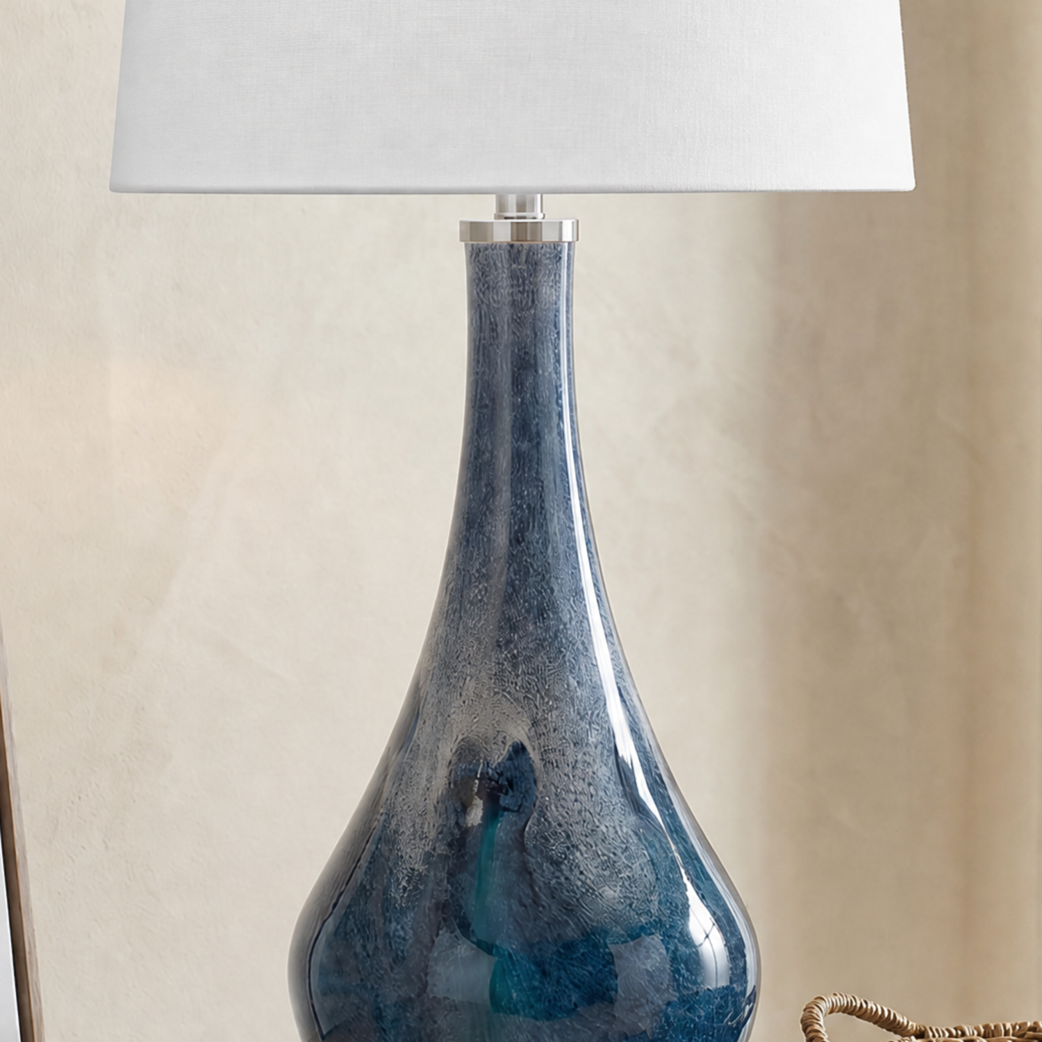 Nanda Table Lamp with Layered Blue Art Glass Base and White Tapered Drum Shade - Enhanced