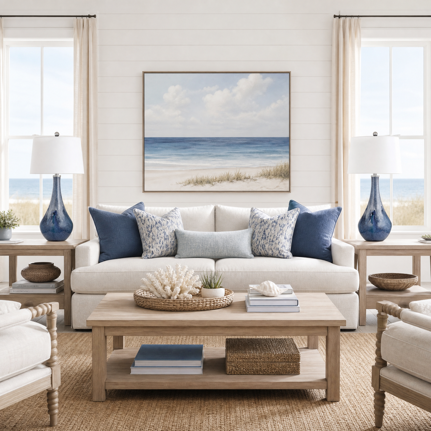 Nanda Table Lamp with Layered Blue Art Glass Base and White Tapered Drum Shade - Enhanced