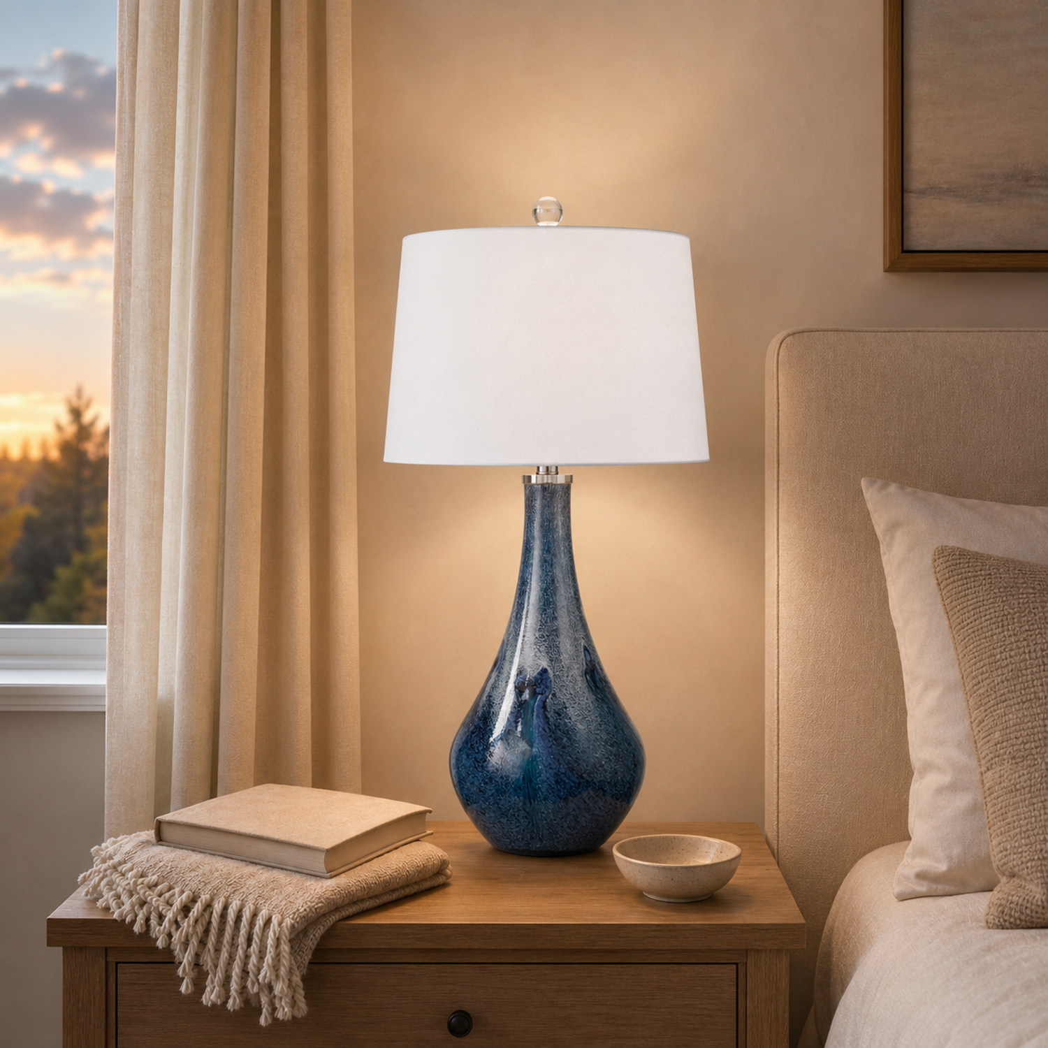 Nanda Table Lamp with Layered Blue Art Glass Base and White Tapered Drum Shade - Enhanced