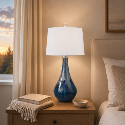 Nanda Table Lamp with Layered Blue Art Glass Base and White Tapered Drum Shade - Enhanced