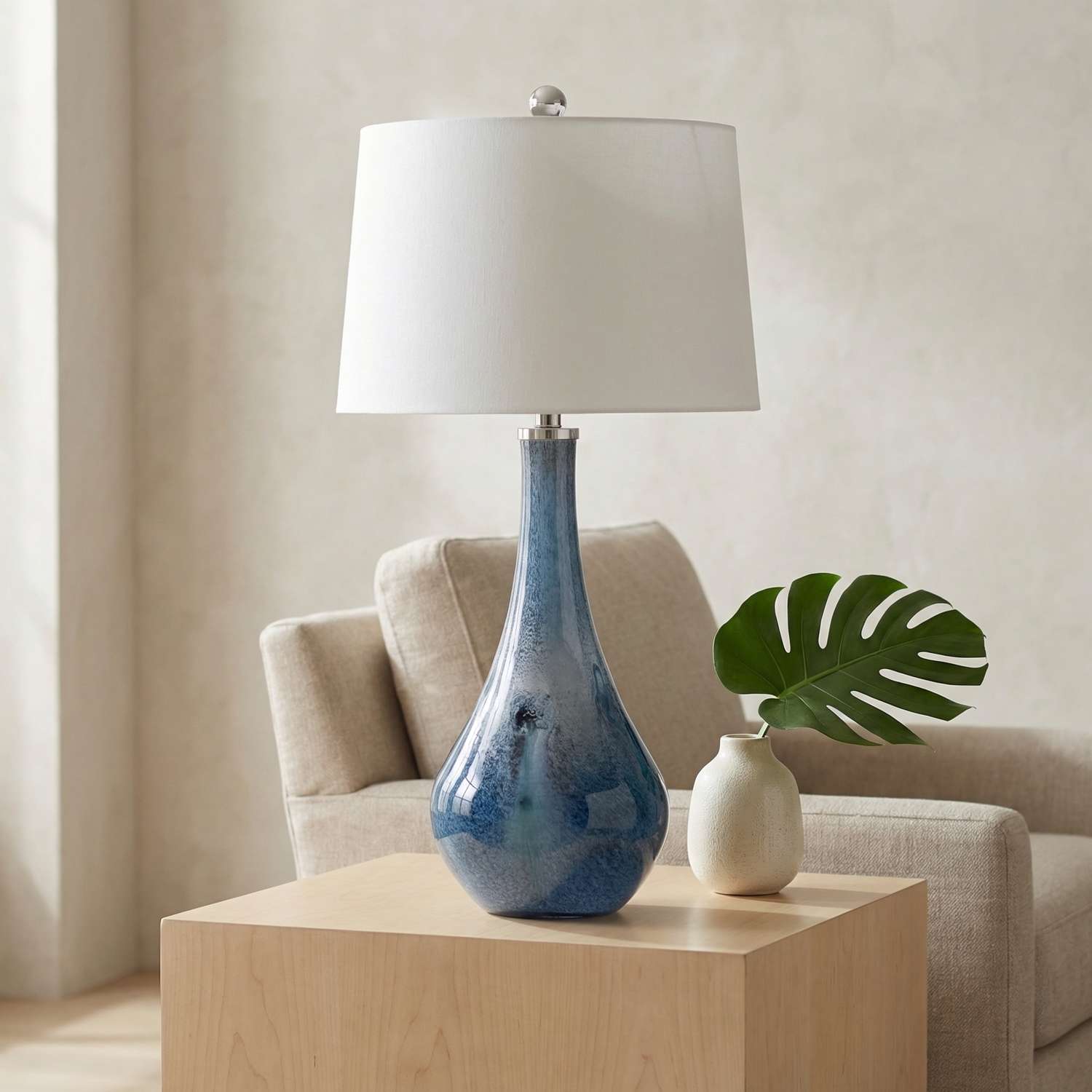 Nanda Table Lamp with Layered Blue Art Glass Base and White Tapered Drum Shade - Main