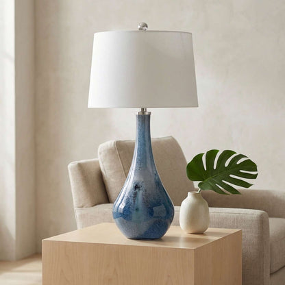 Nanda Table Lamp with Layered Blue Art Glass Base and White Tapered Drum Shade - Main