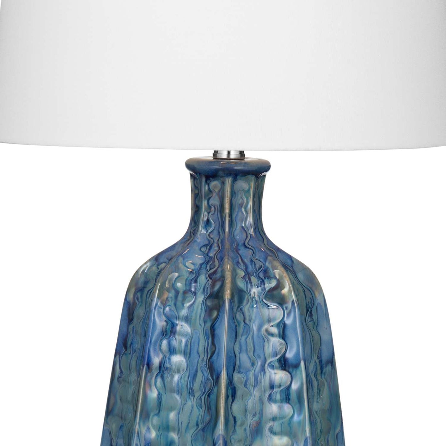 Tee 27" Table Lamp with Layered Blue Ceramic Base and White Linen Shade - Detail