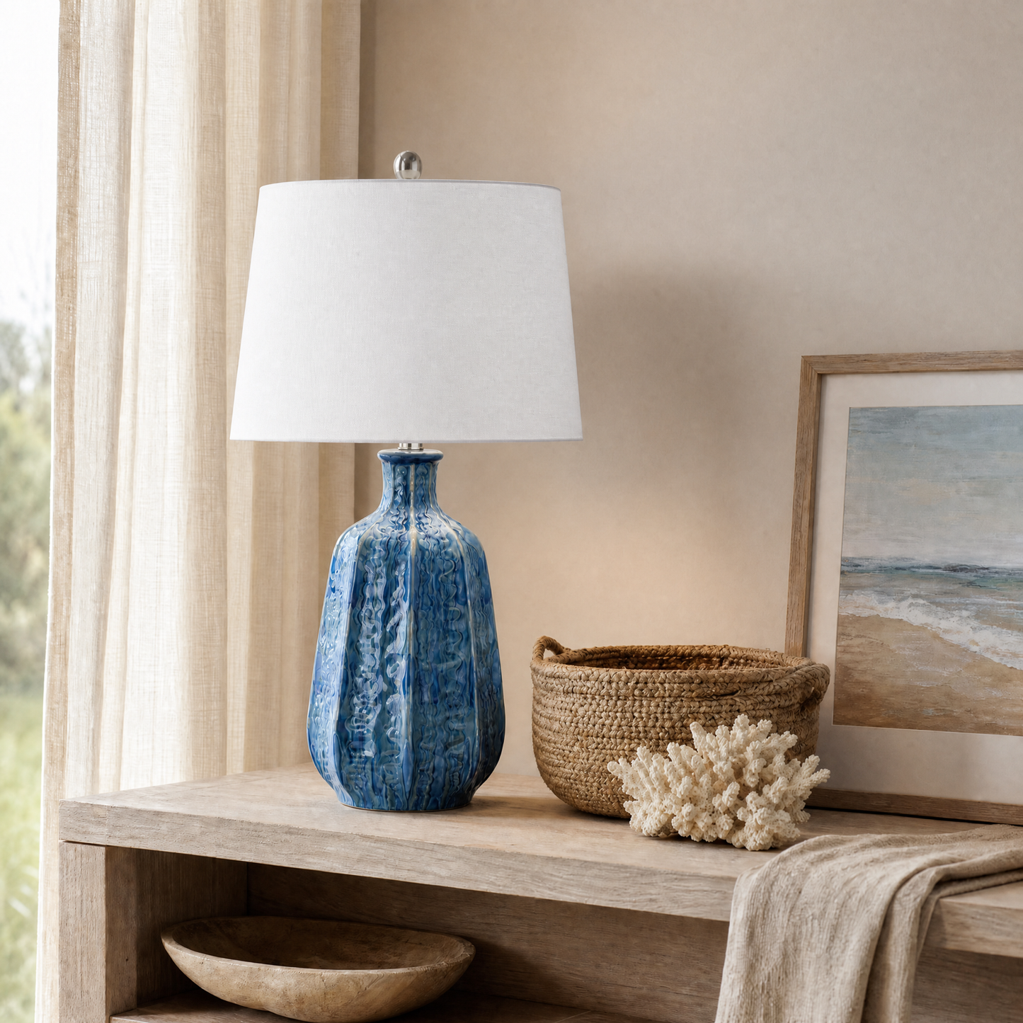 Tee 27" Table Lamp with Layered Blue Ceramic Base and White Linen Shade - Enhanced