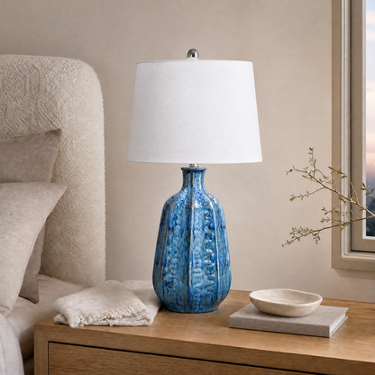 Tee 27" Table Lamp with Layered Blue Ceramic Base and White Linen Shade - Enhanced