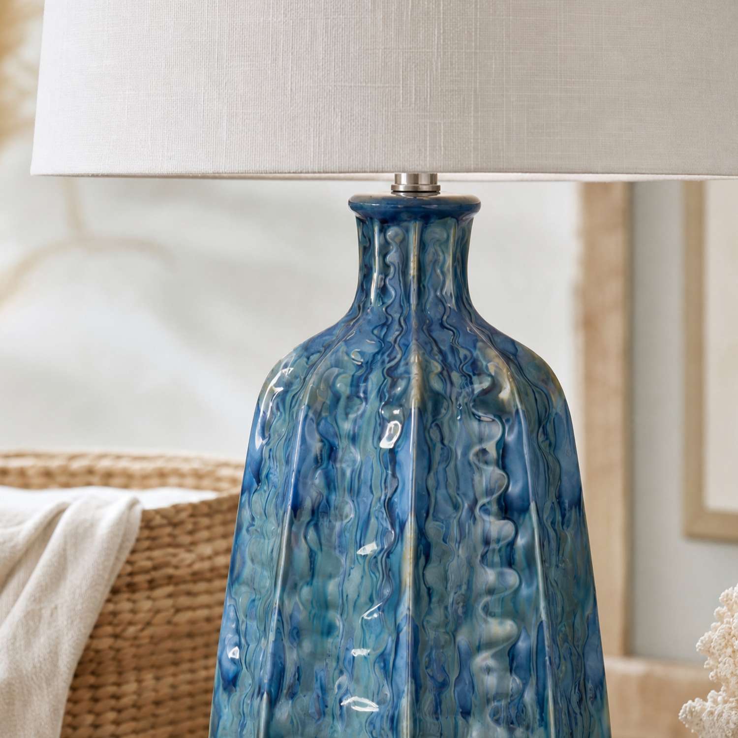 Tee 27" Table Lamp with Layered Blue Ceramic Base and White Linen Shade - Enhanced