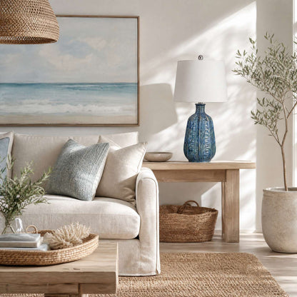 Tee 27" Table Lamp with Layered Blue Ceramic Base and White Linen Shade - Enhanced