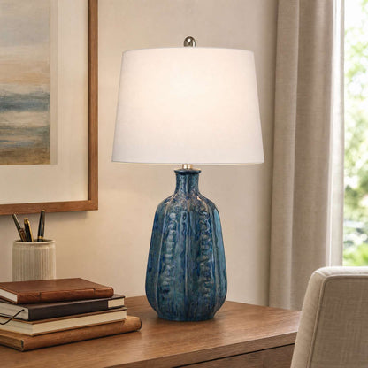 Tee 27" Table Lamp with Layered Blue Ceramic Base and White Linen Shade - Enhanced