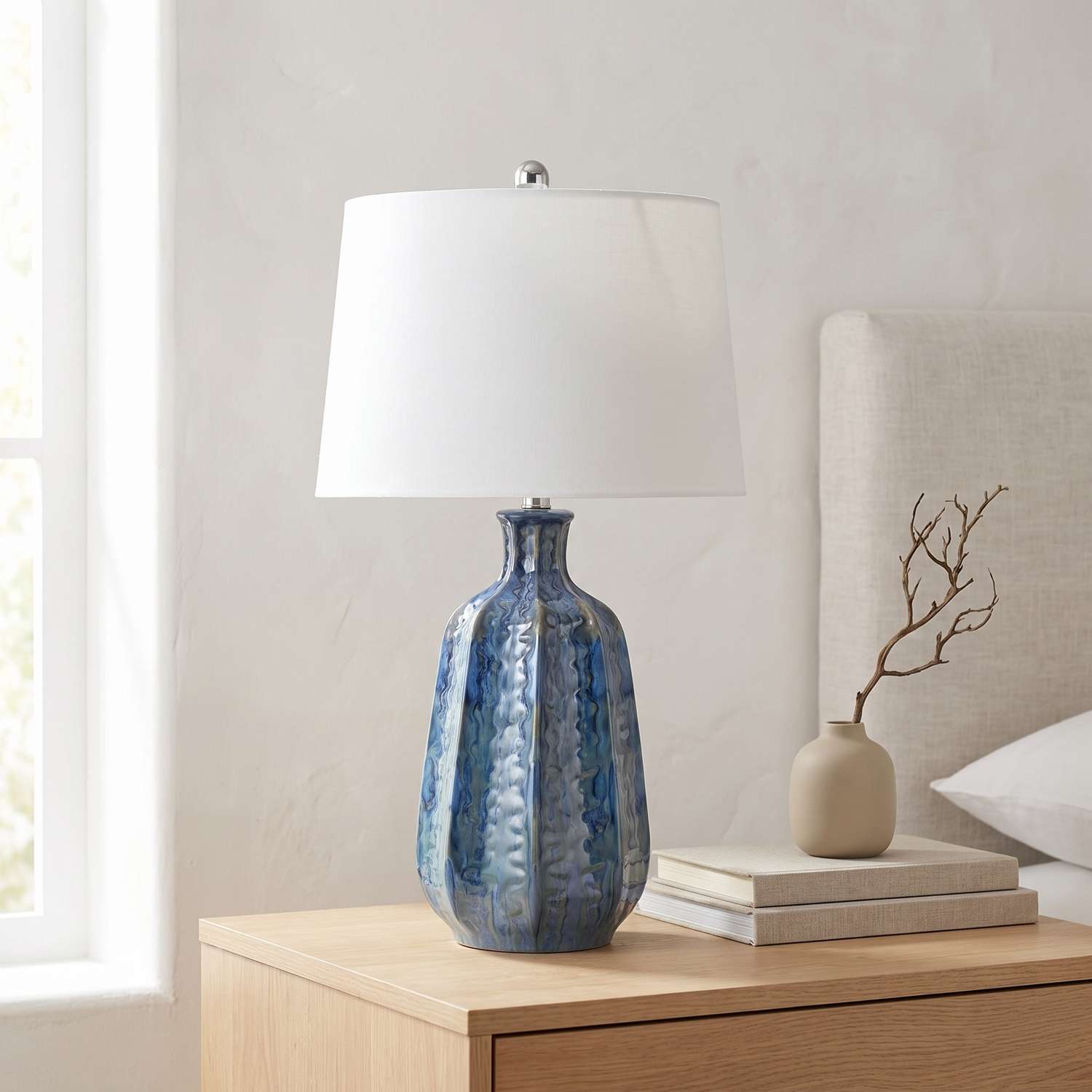 Tee 27" Table Lamp with Layered Blue Ceramic Base and White Linen Shade - Main