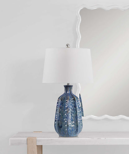 Tee 27" Table Lamp with Layered Blue Ceramic Base and White Linen Shade - Room Scene