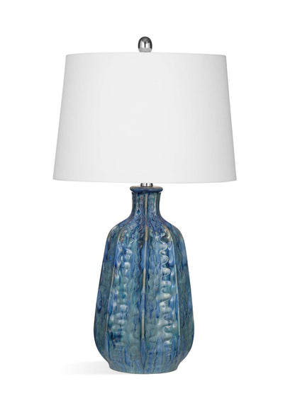 Tee 27" Table Lamp with Layered Blue Ceramic Base and White Linen Shade - Straight On