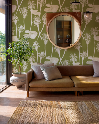 Palm Oasis Wallpaper, olive green and white
