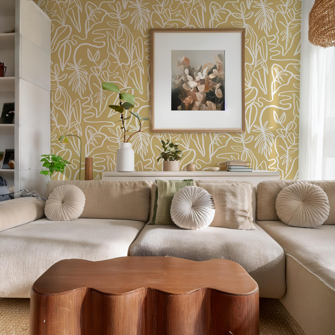 Inked Foliage Wallpaper - Butter Yellow & White