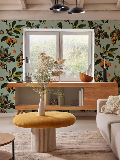 Vintage Orchard Wallpaper, robin egg