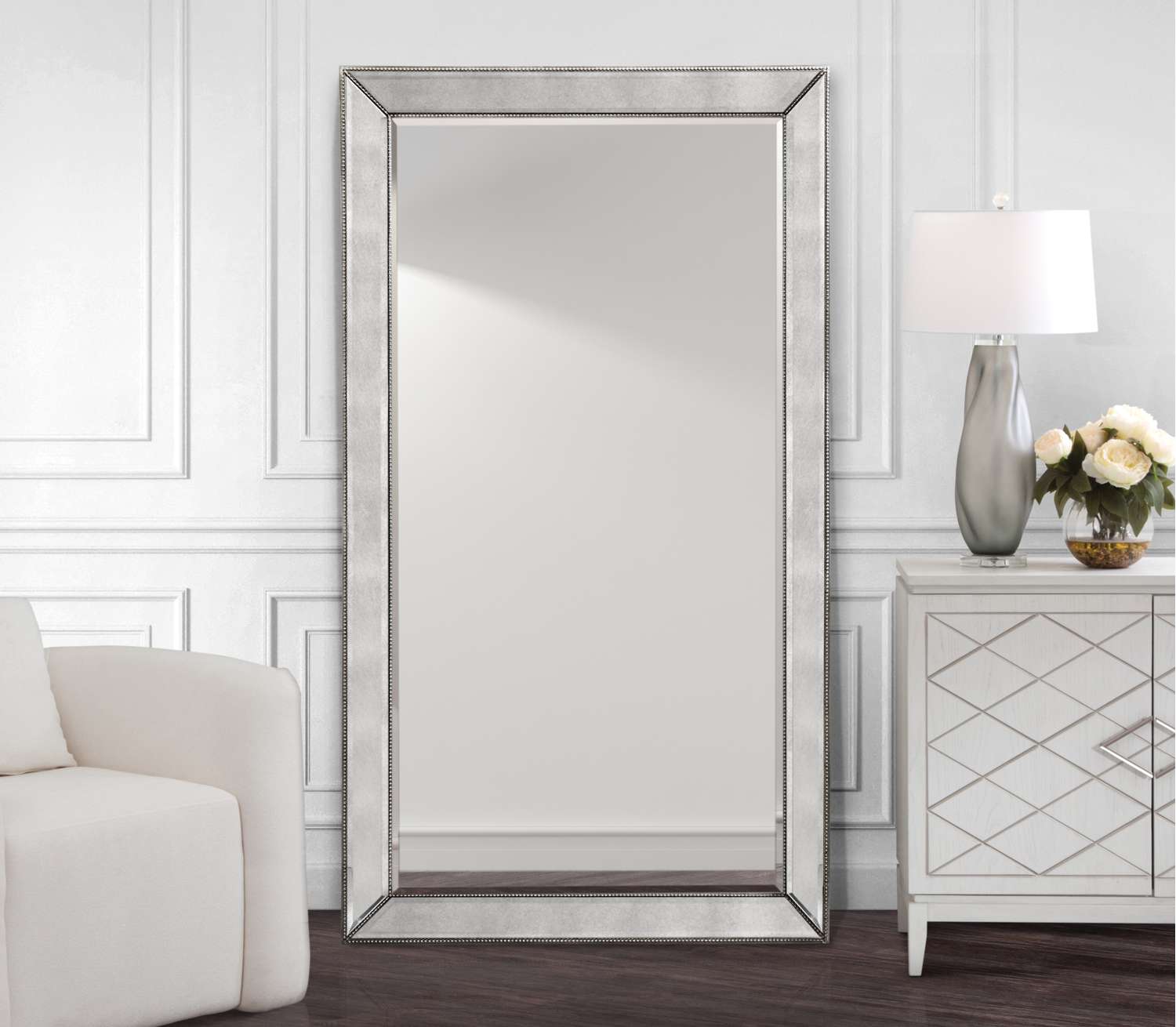 Beaded 79" Floor Mirror with Antique Silver Leaf finish and Wood Frame - Main