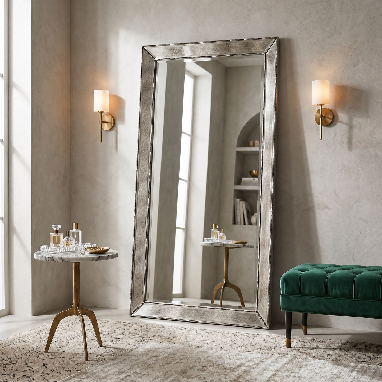 Beaded 79" Floor Mirror with Antique Silver Leaf finish and Wood Frame - Enhanced