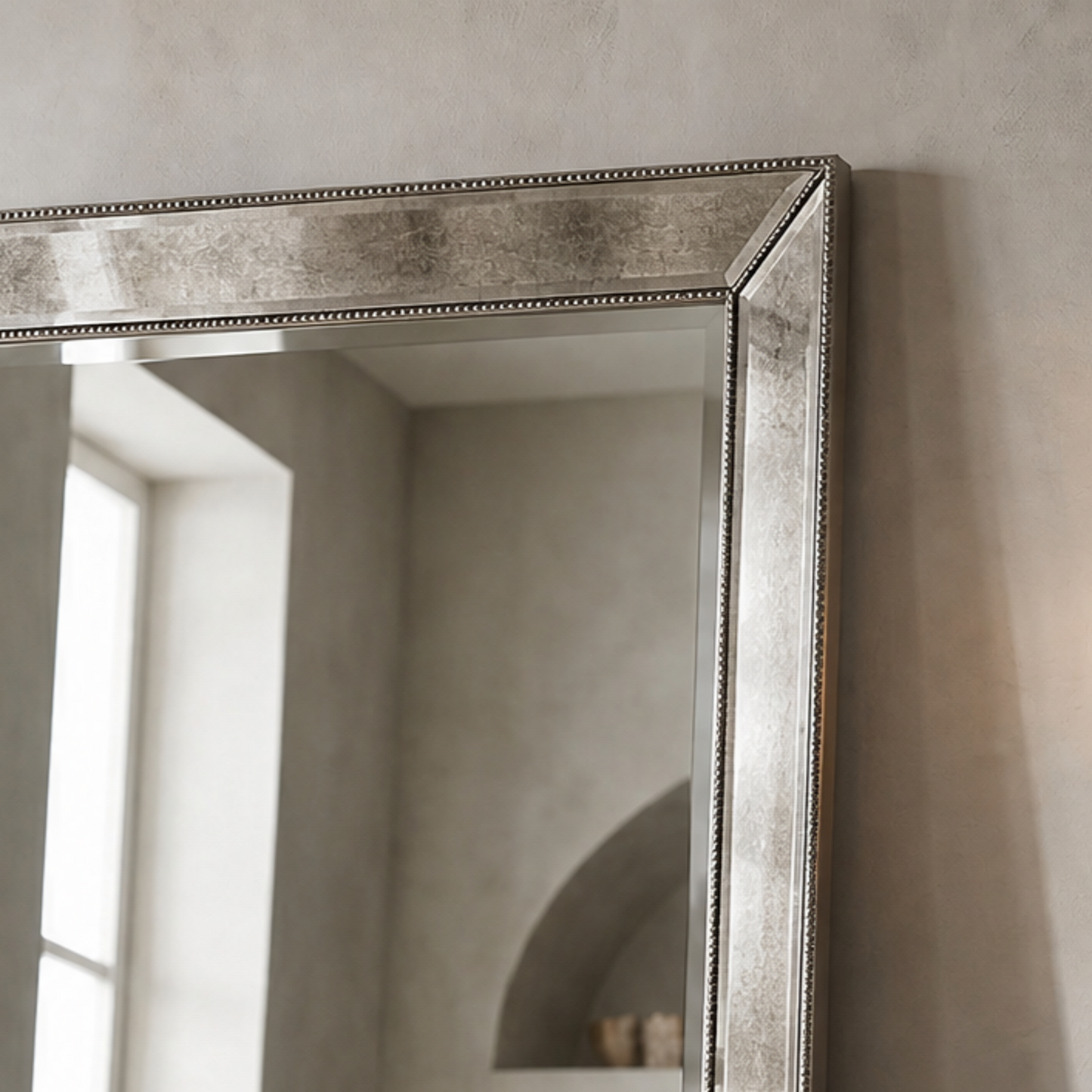 Beaded 79" Floor Mirror with Antique Silver Leaf finish and Wood Frame - Enhanced