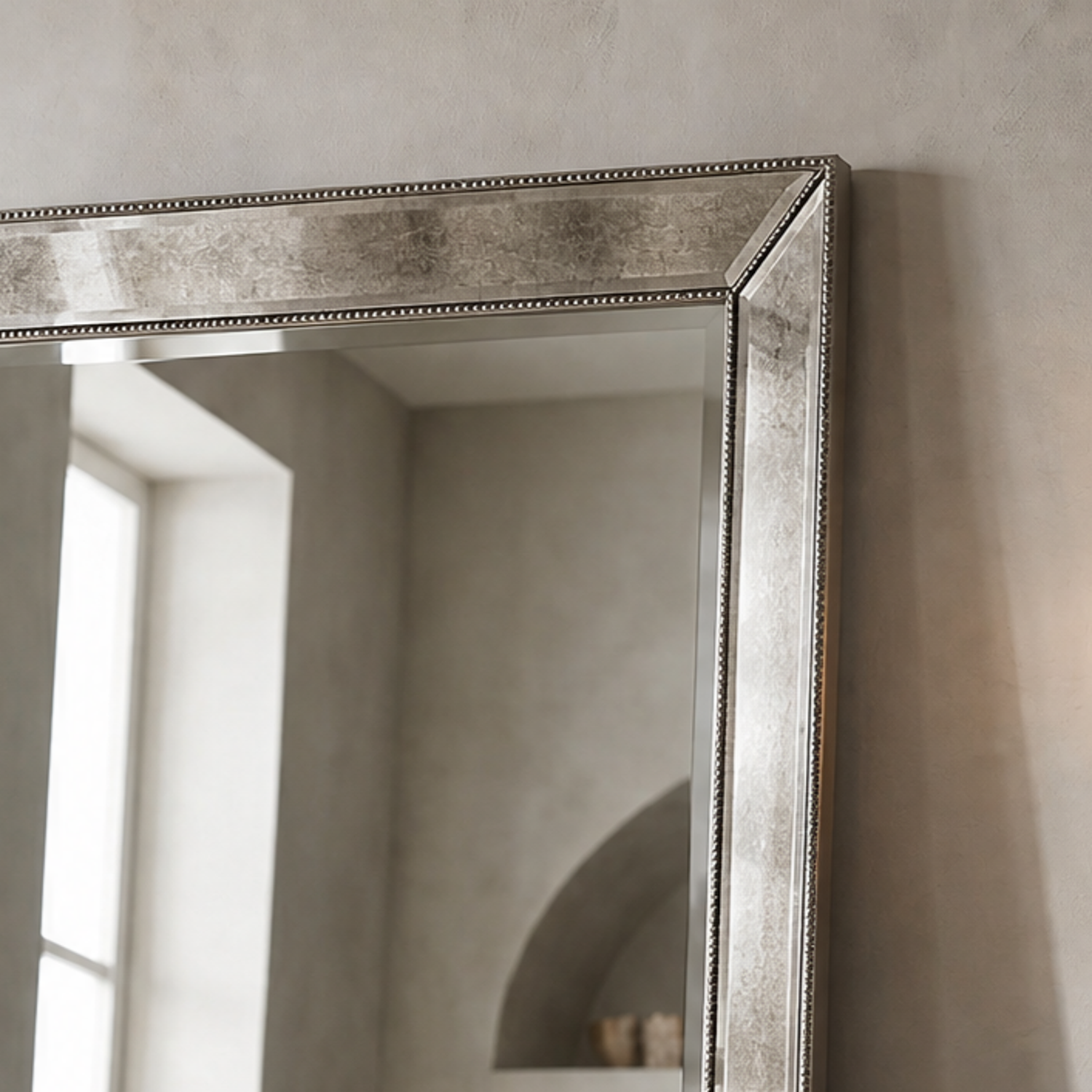 Beaded 79" Floor Mirror with Antique Silver Leaf finish and Wood Frame - Enhanced