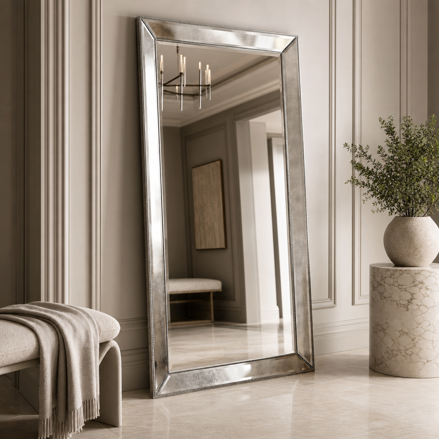 Beaded 79" Floor Mirror with Antique Silver Leaf finish and Wood Frame - Enhanced