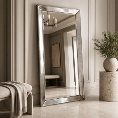 Beaded 79" Floor Mirror with Antique Silver Leaf finish and Wood Frame - Enhanced