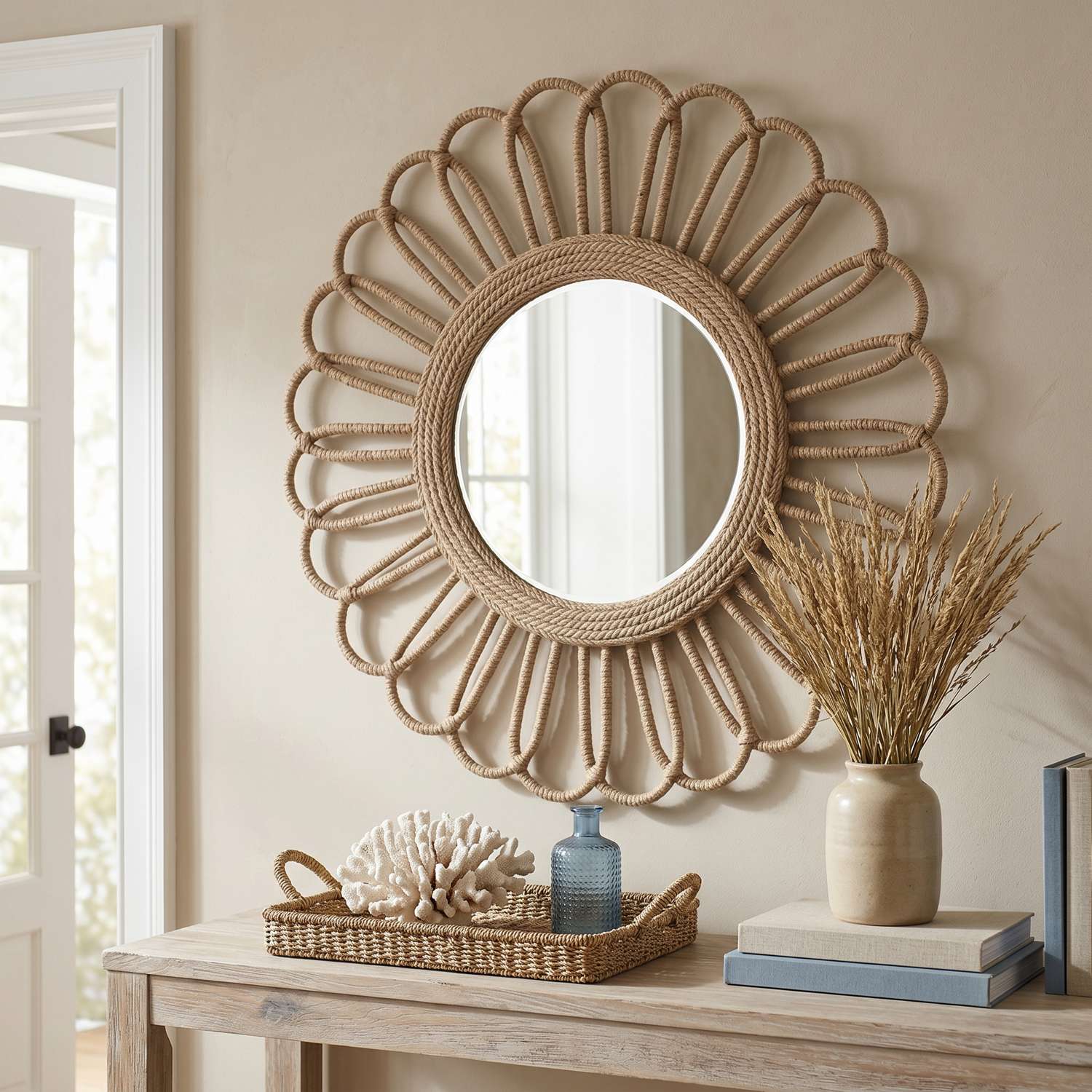 Naples 50" Round Coastal Rope Wall Mirror with Beveled Glass - Enhanced