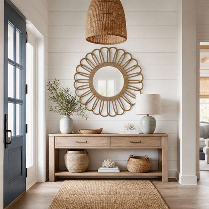 Naples 50" Round Coastal Rope Wall Mirror with Beveled Glass - Enhanced