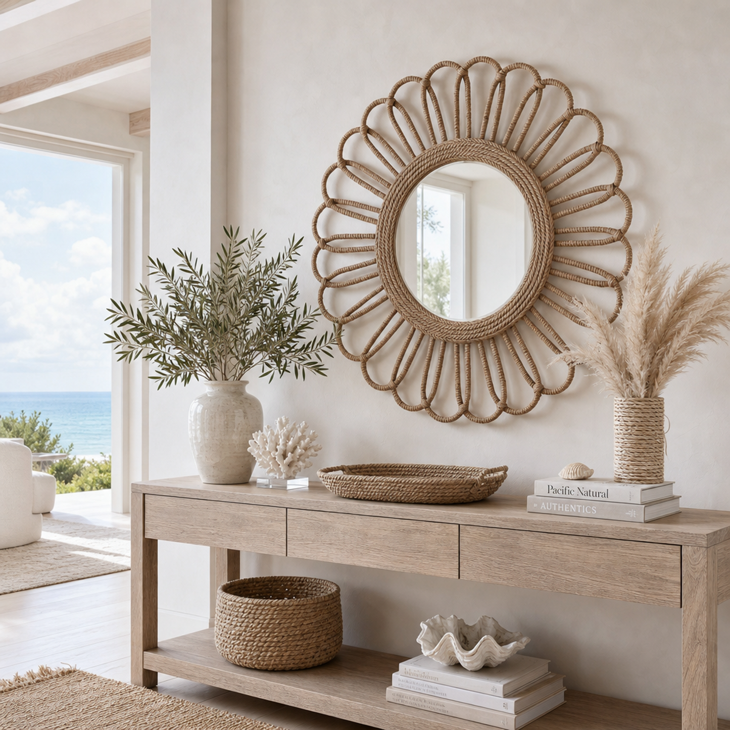 Naples 50" Round Coastal Rope Wall Mirror with Beveled Glass - Enhanced