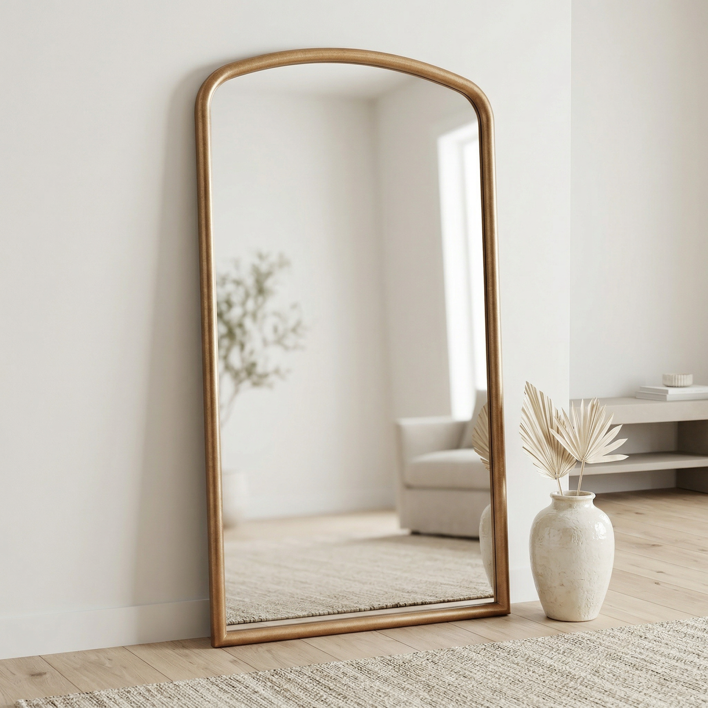 Brookings 86" Modern Arched Floor Mirror in Antique Gold Leaf Frame - Enhanced